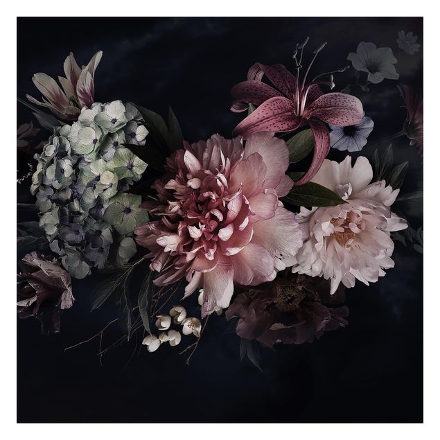 Fototapete Design Blumen mit Nebel auf Schwarz