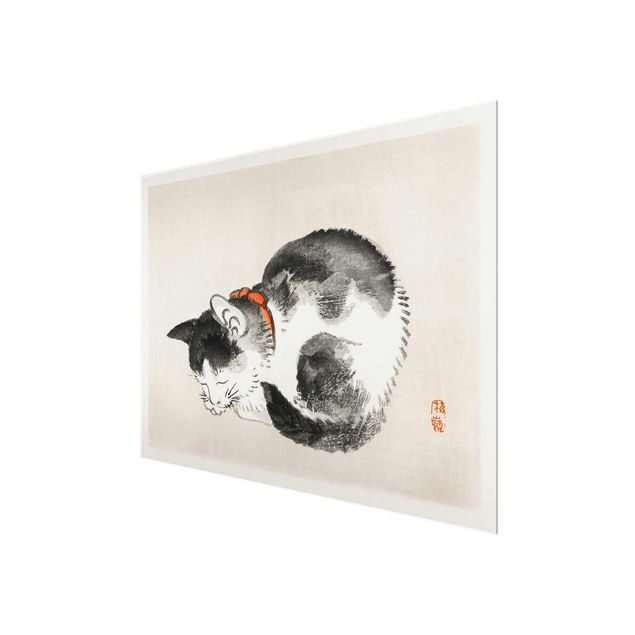 Glas Wandbilder Asiatische Vintage Zeichnung Schlafende Katze