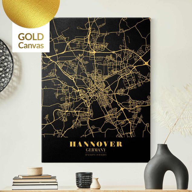 Leinwandbild Gold - Stadtplan Hannover - Klassik Schwarz - Hochformat 3:4
