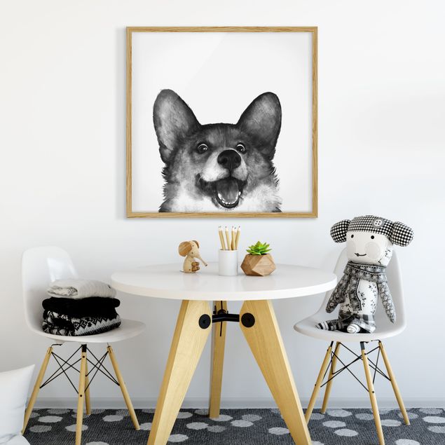 Gerahmte Kunstdrucke Illustration Hund Corgi Weiß Schwarz Malerei