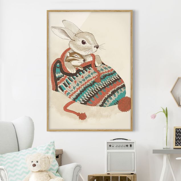 Wandbilder Tiere Illustration Kuschelnder Hase in Mütze