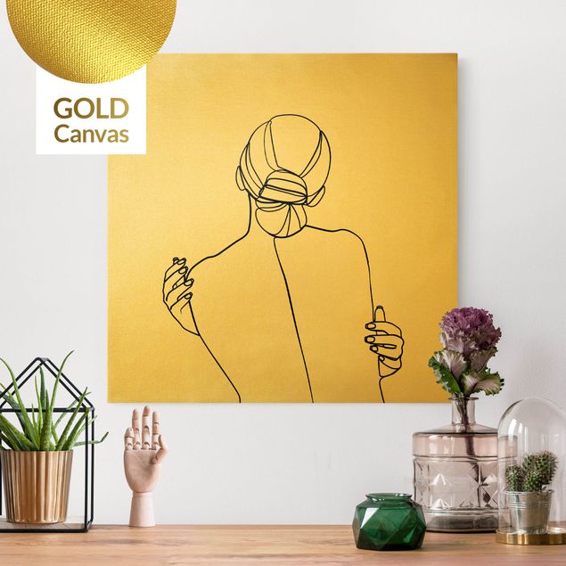 Leinwandbild Gold - Line Art Frau Rücken Schwarz Weiß - Quadrat 1:1