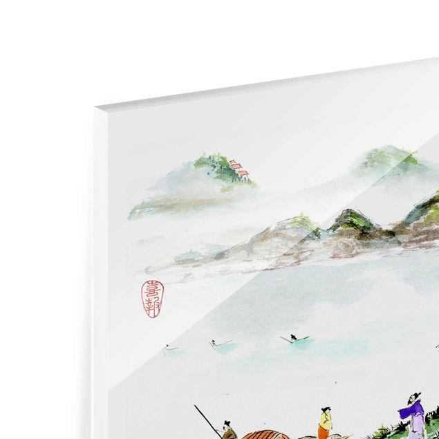 Glasbild - Japanische Aquarell Zeichnung See und Berge - Querformat 2:3