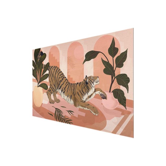 Glasbild - Illustration Tiger in Pastell Rosa Malerei - Querformat 2:3