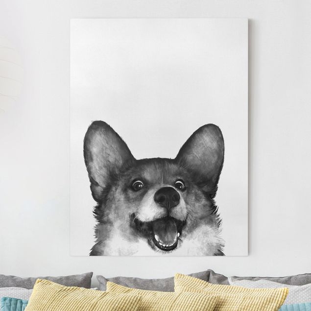Wandbilder Wohnzimmer modern Illustration Hund Corgi Weiß Schwarz Malerei