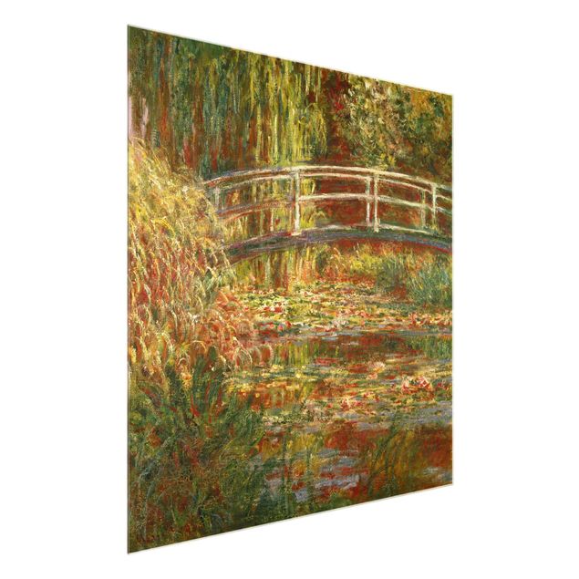 Wandbilder Glas XXL Claude Monet - Seerosenteich und japanische Brücke (Harmonie in rosa)