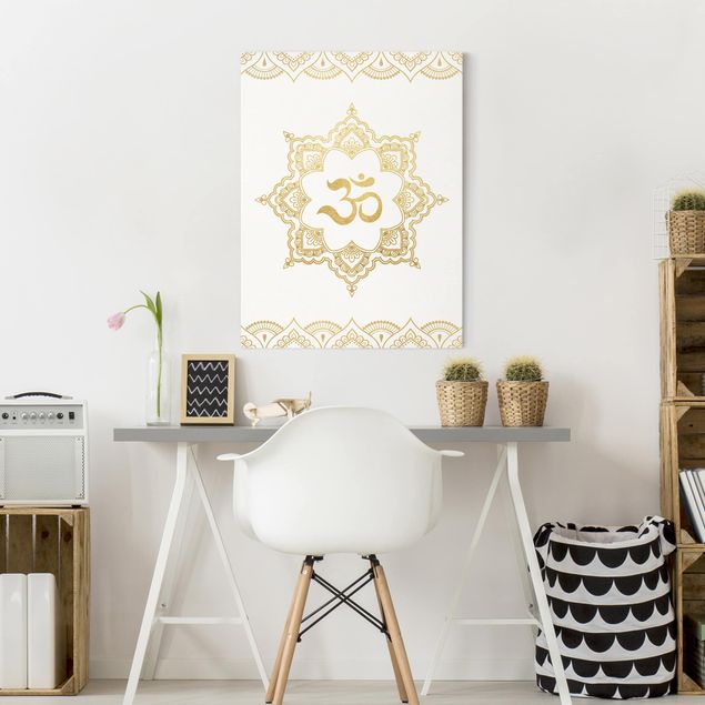 Wandbilder Mandala OM Illustration Ornament weiß gold
