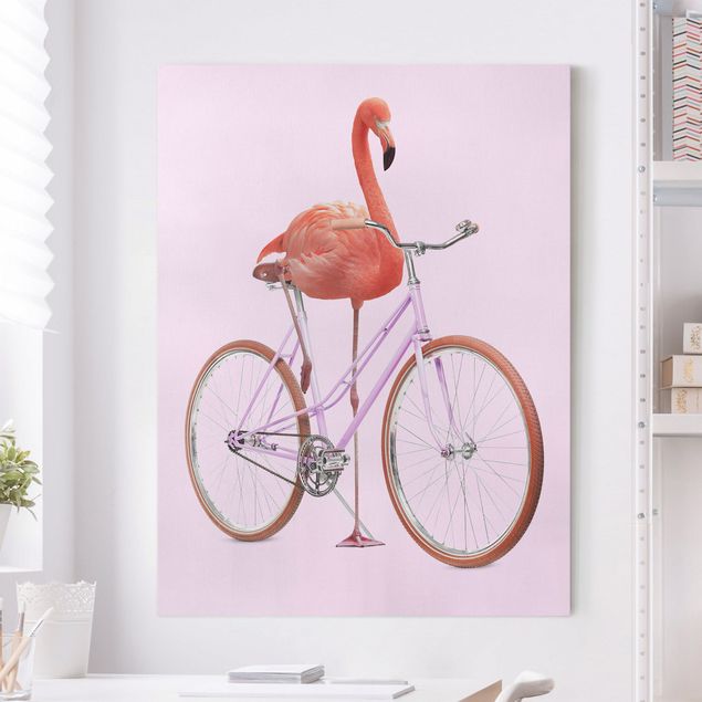 Leinwand Bilder XXL Flamingo mit Fahrrad