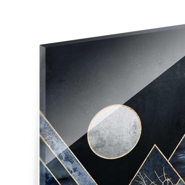 Bilder auf Glas Goldener Mond abstrakte schwarze Berge