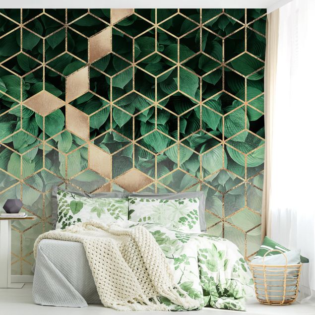 Tapeten mit Muster Grüne Blätter goldene Geometrie