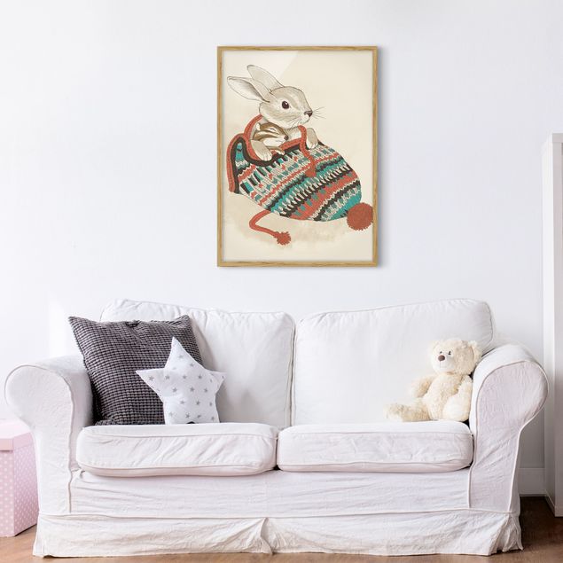 Bilder für die Wand Illustration Kuschelnder Hase in Mütze