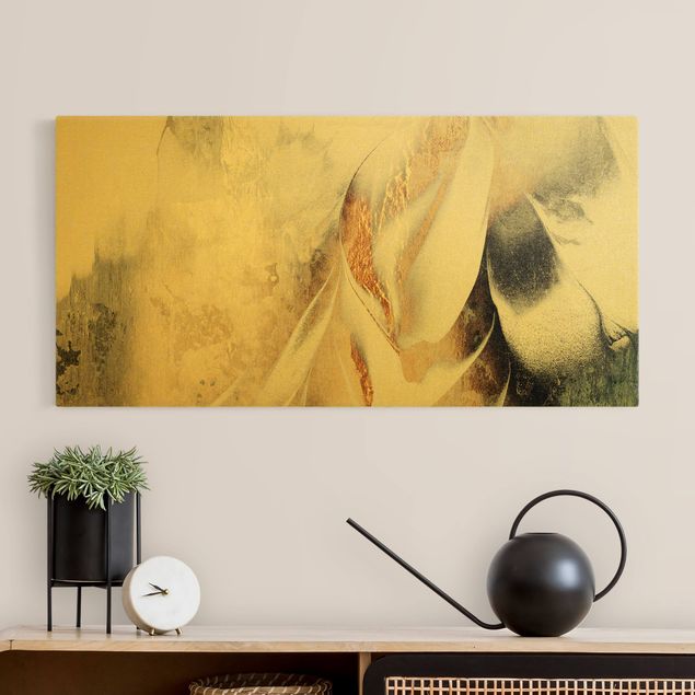 Leinwandbild Gold - Goldene abstrakte Wintermalerei - Querformat 2:1