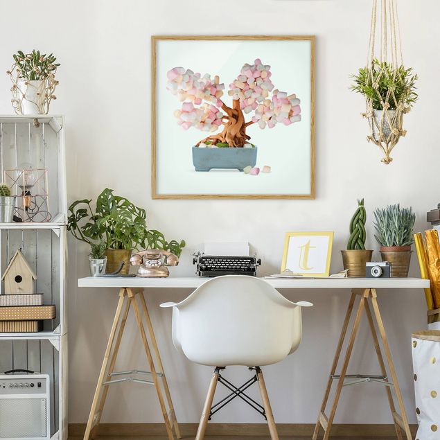 Kunstdruck Bilder mit Rahmen Bonsai mit Marshmallows