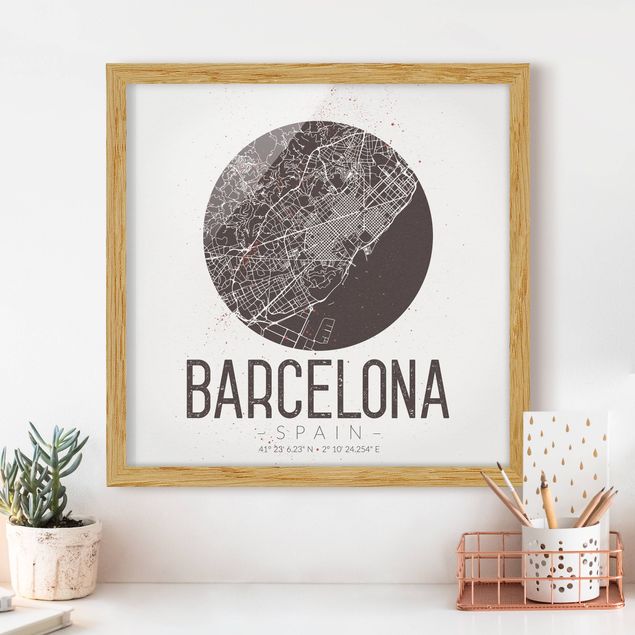 Gerahmte Bilder Schwarz-Weiß Stadtplan Barcelona - Retro