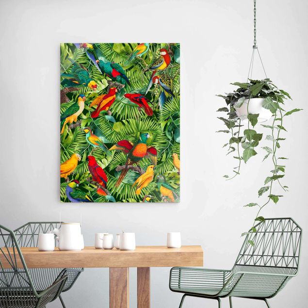Wandbilder Glas XXL Bunte Collage - Papageien im Dschungel