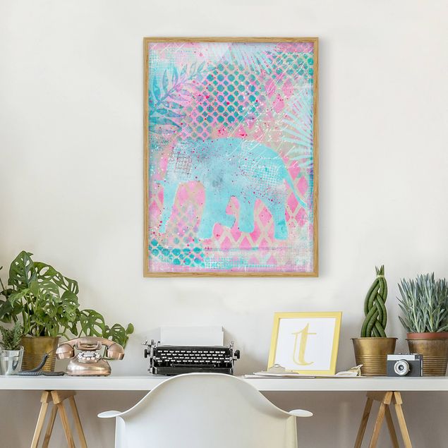 Landschaftsbilder mit Rahmen Bunte Collage - Elefant in Blau und Rosa