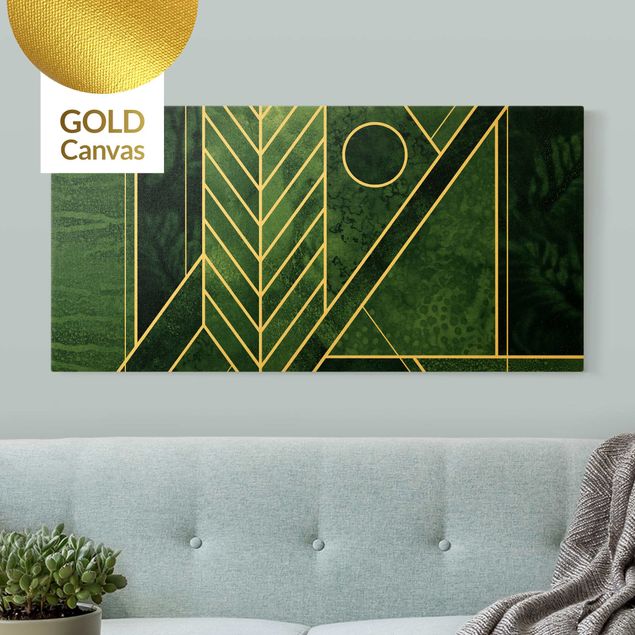 Leinwandbild Gold - Goldene Geometrie - Smaragd - Querformat 2:1
