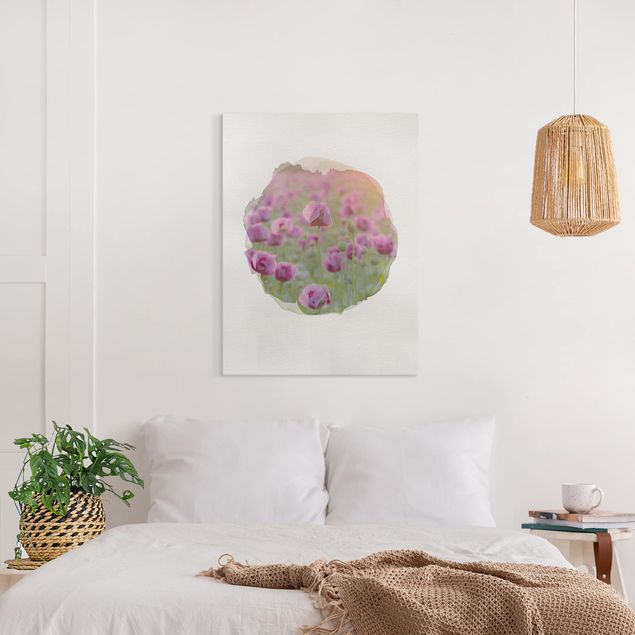 Leinwand Blumen Wasserfarben - Violette Schlafmohn Blumenwiese im Frühling