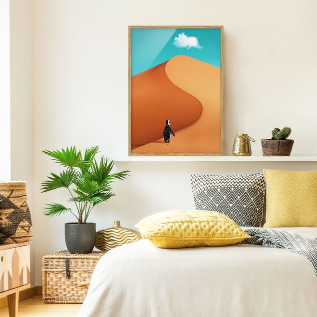 Kunstdruck Bilder mit Rahmen Wüste mit Pinguin
