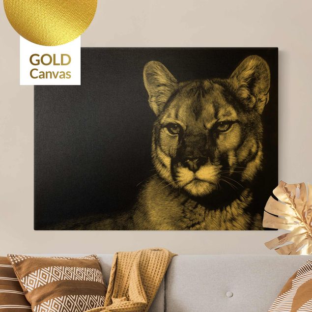 Leinwandbild Gold - Puma vor Schwarz - Querformat 4:3