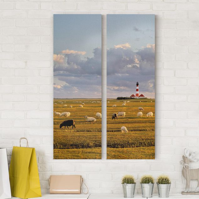Leinwand Bilder XXL Nordsee Leuchtturm mit Schafsherde