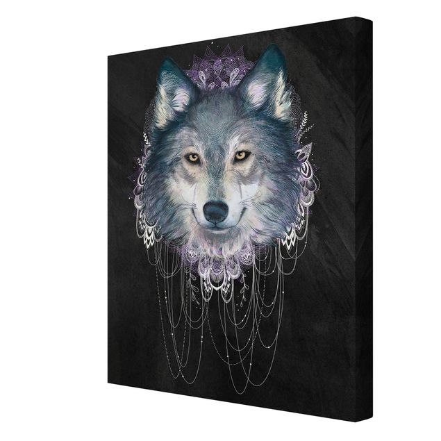 Wandbilder Tiere Illustration Wolf mit Boho Traumfänger Schwarz