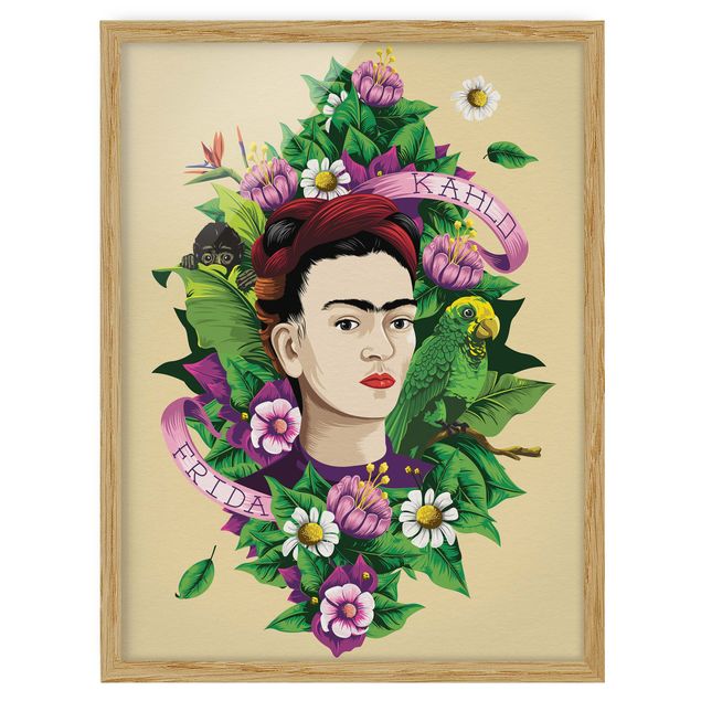 Gerahmte Kunstdrucke Frida Kahlo - Frida, Äffchen und Papagei