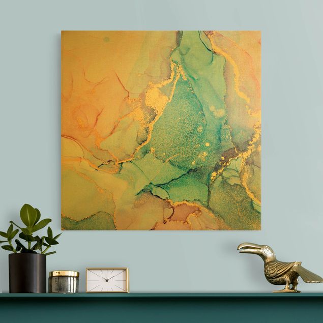 Leinwandbild Gold - Aquarell Pastell Bunt mit Gold - Quadrat 1:1