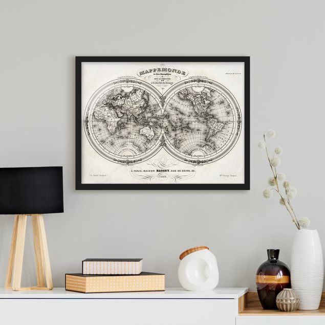 Vintage Bilder mit Rahmen Weltkarte - Französische Karte der Hemissphären von 1848