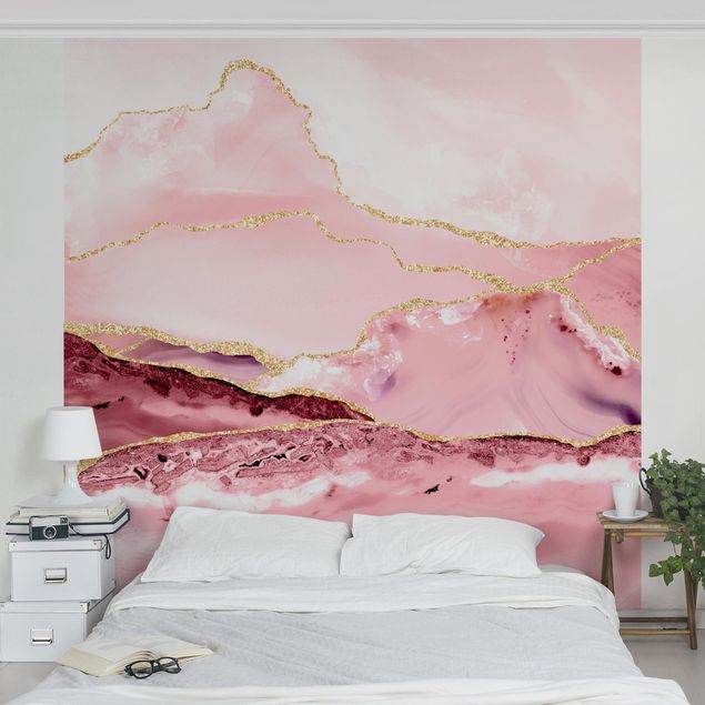 Fototapete Marmor Abstrakte Berge Rosa mit Goldenen Linien
