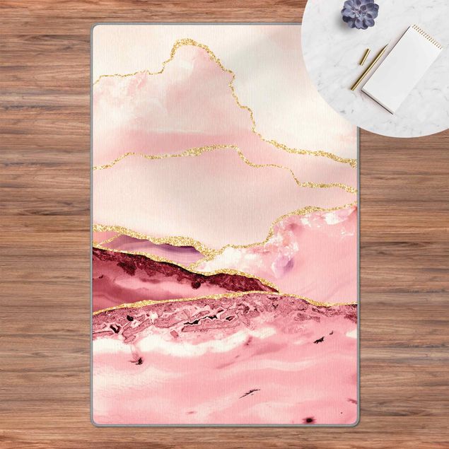 Teppich abstrakt Abstrakte Berge Rosa mit Goldenen Linien