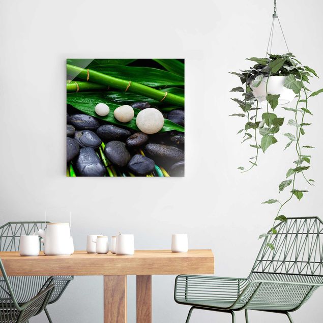 Glasbild Blumen Grüner Bambus mit Zen Steinen
