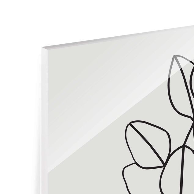 Glasbild - Line Art Zweig Blätter Schwarz Weiß - Hochformat 4:3