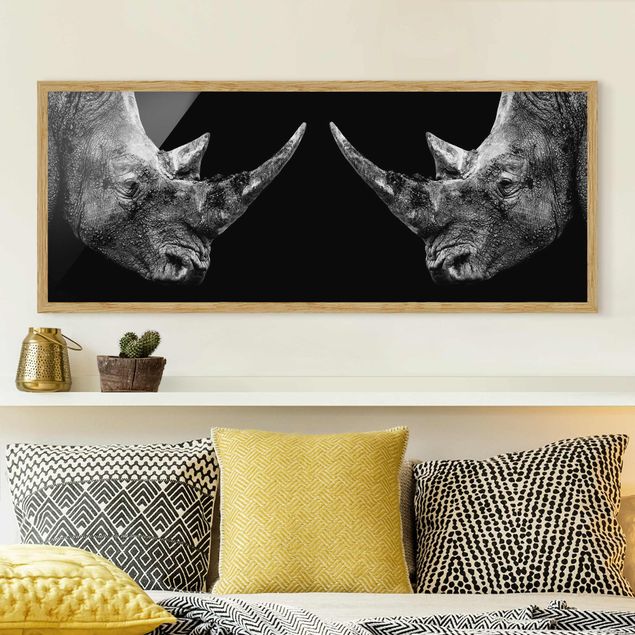 Gerahmte Bilder Schwarz-Weiß Nashorn Duell