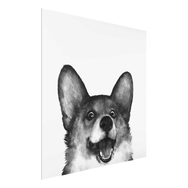 Glasbild Schwarz-Weiß Illustration Hund Corgi Weiß Schwarz Malerei