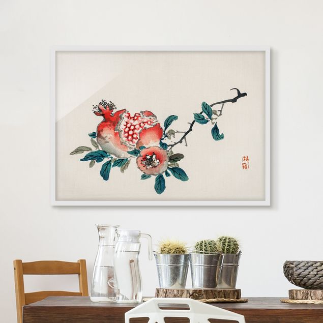 Gerahmte Bilder Blumen Asiatische Vintage Zeichnung Granatapfel