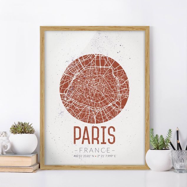 Schwarz-Weiß Bilder mit Rahmen Stadtplan Paris - Retro