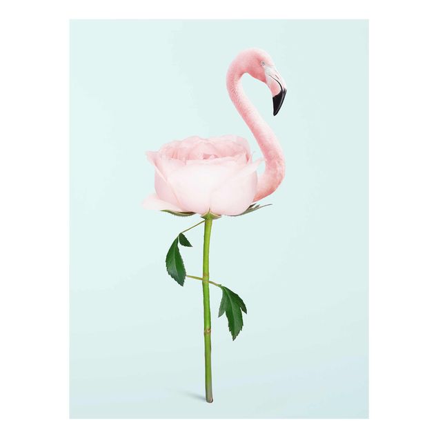 Glasbilder Blumen Flamingo mit Rose