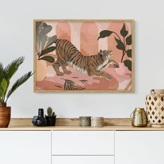Kunstdrucke mit Rahmen Illustration Tiger in Pastell Rosa Malerei