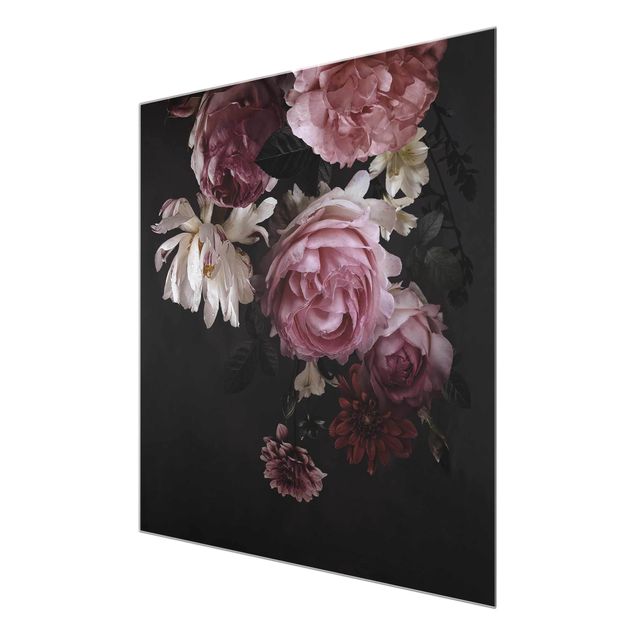Wandbilder Rosa Blumen auf Schwarz Vintage
