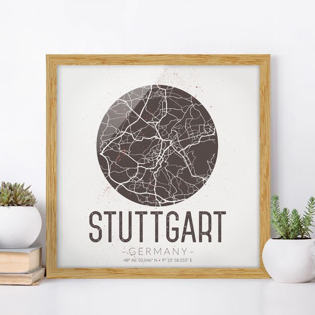 Gerahmte Bilder Schwarz-Weiß Stadtplan Stuttgart - Retro