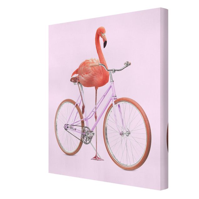 Moderne Leinwandbilder Wohnzimmer Flamingo mit Fahrrad