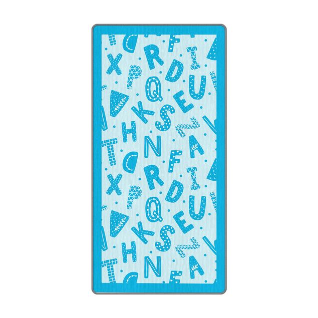 Teppich - Alphabet mit Herzen und Punkten in Blau mit Rahmen