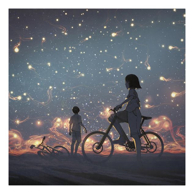 Leinwandbild - Anime Zeichnung Lichter auf dem Fahrrad - Quadrat - 1:1