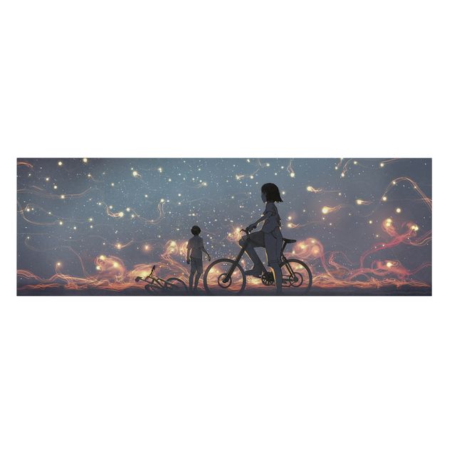 Leinwandbild - Anime Zeichnung Lichter auf dem Fahrrad - Panorama - 3:1