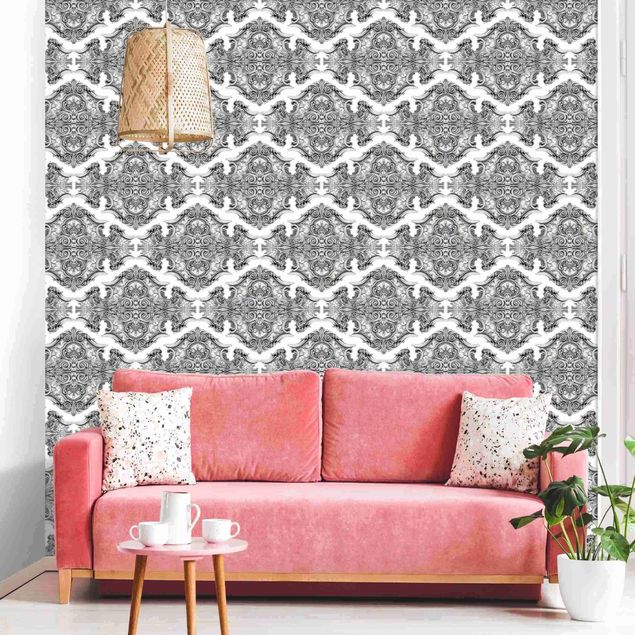 Tapete Aquarell Barock Muster mit Ornamenten in Grau
