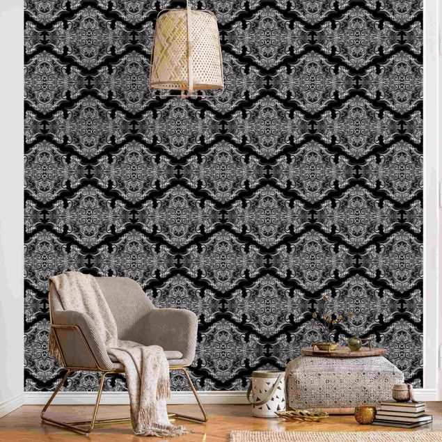 Tapete Schwarz-Weiß Aquarell Barock Muster mit Ornamenten vor Schwarz
