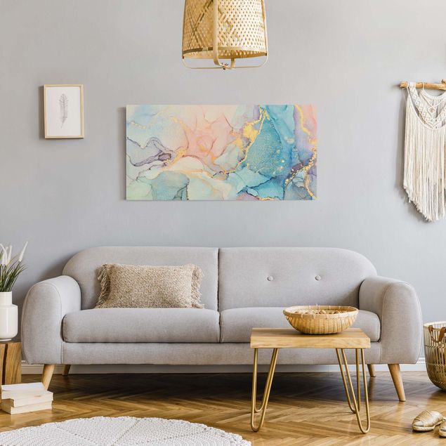 Leinwandbilder Wohnzimmer modern Aquarell Pastell Bunt mit Gold