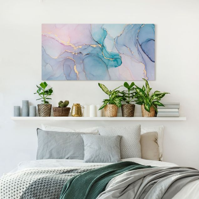 Leinwandbilder Wohnzimmer modern Aquarell Pastell Türkis mit Gold