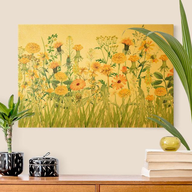 Leinwandbilder Wohnzimmer modern Aquarellierte Blumenwiese in Gelb